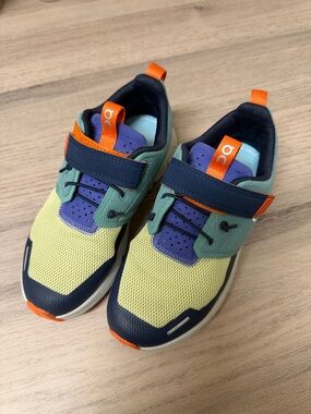 On Running Kids Colorblock Sneakers Yellow Green Blue with Orange Purple Accents